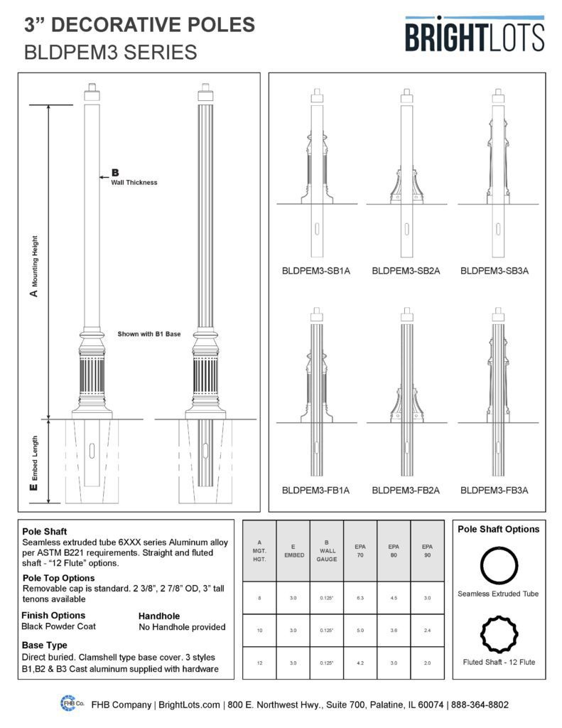 3" Round Straight Decorative Poles - Spec Sheet