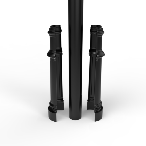 8ft. 10ft. 12 and 14 ft. Decorative light poles with clamshell base covers. Black powder coat finish. Aluminum.